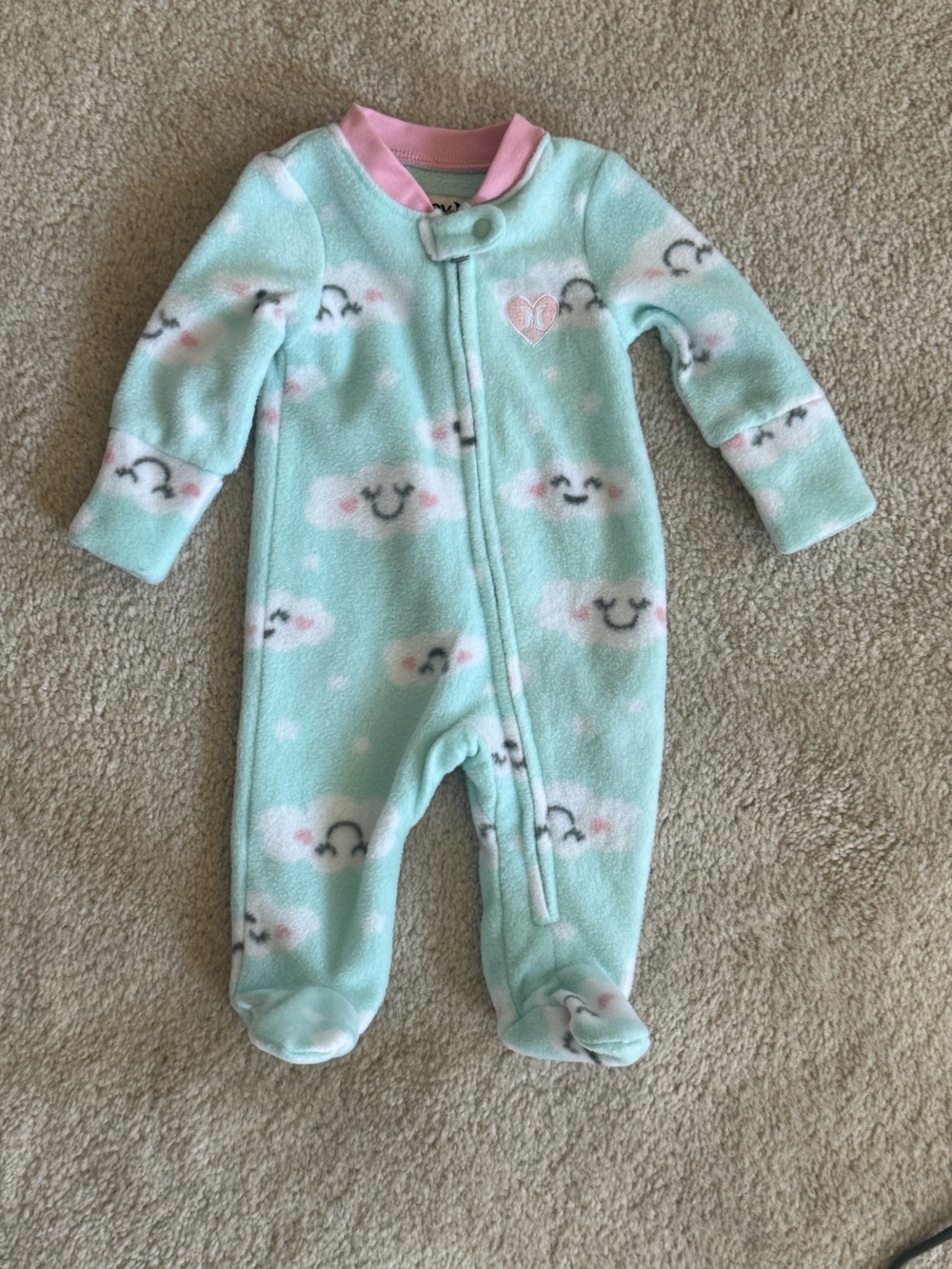 Hurley Mint and Pink Cloud Print Fleece Footed One-Piece